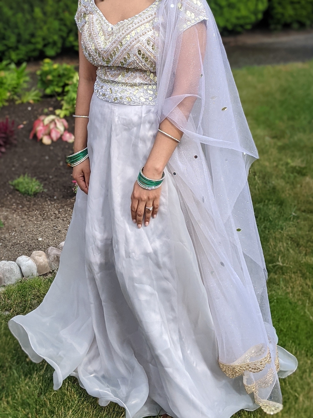 Elegant Silver Beaded Women's Dress with Sheer Dupatta